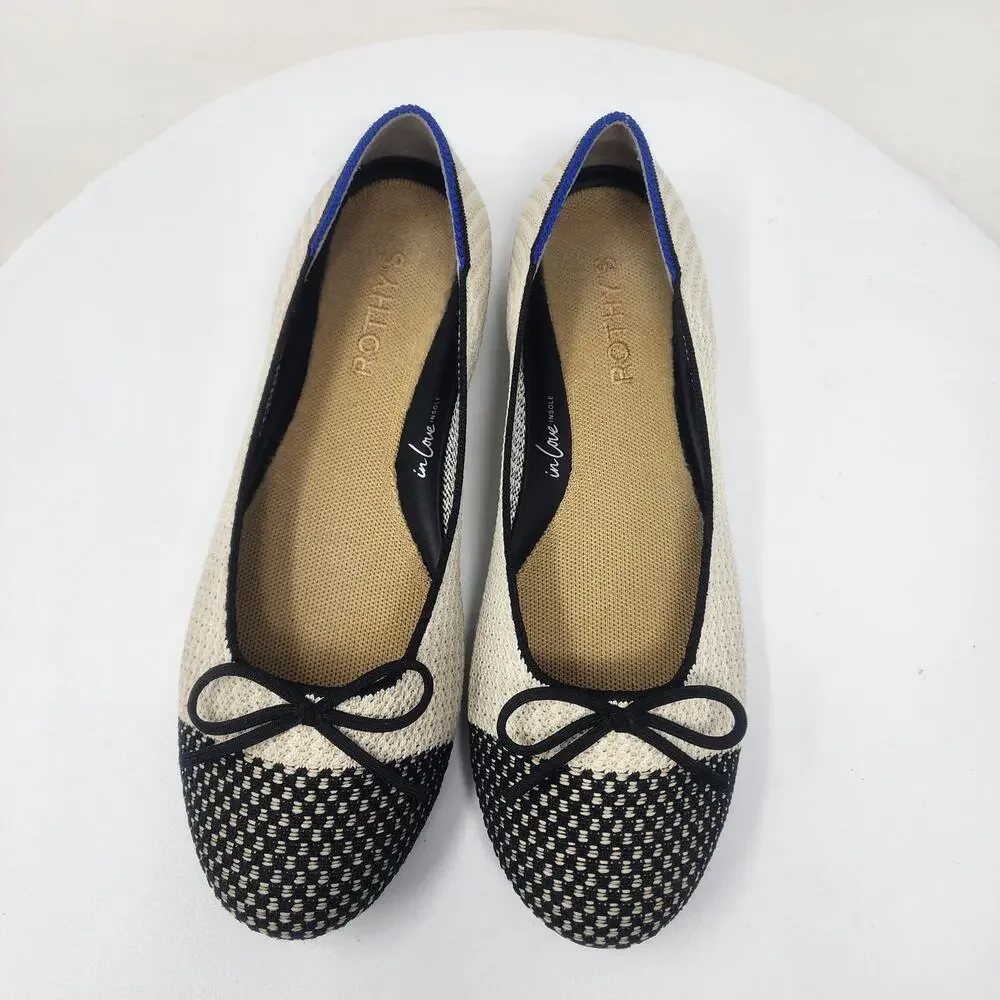 ROTHY'S Coco Ballet Flats Women 8.5 Cream & Black Round Cap Toe with Bow